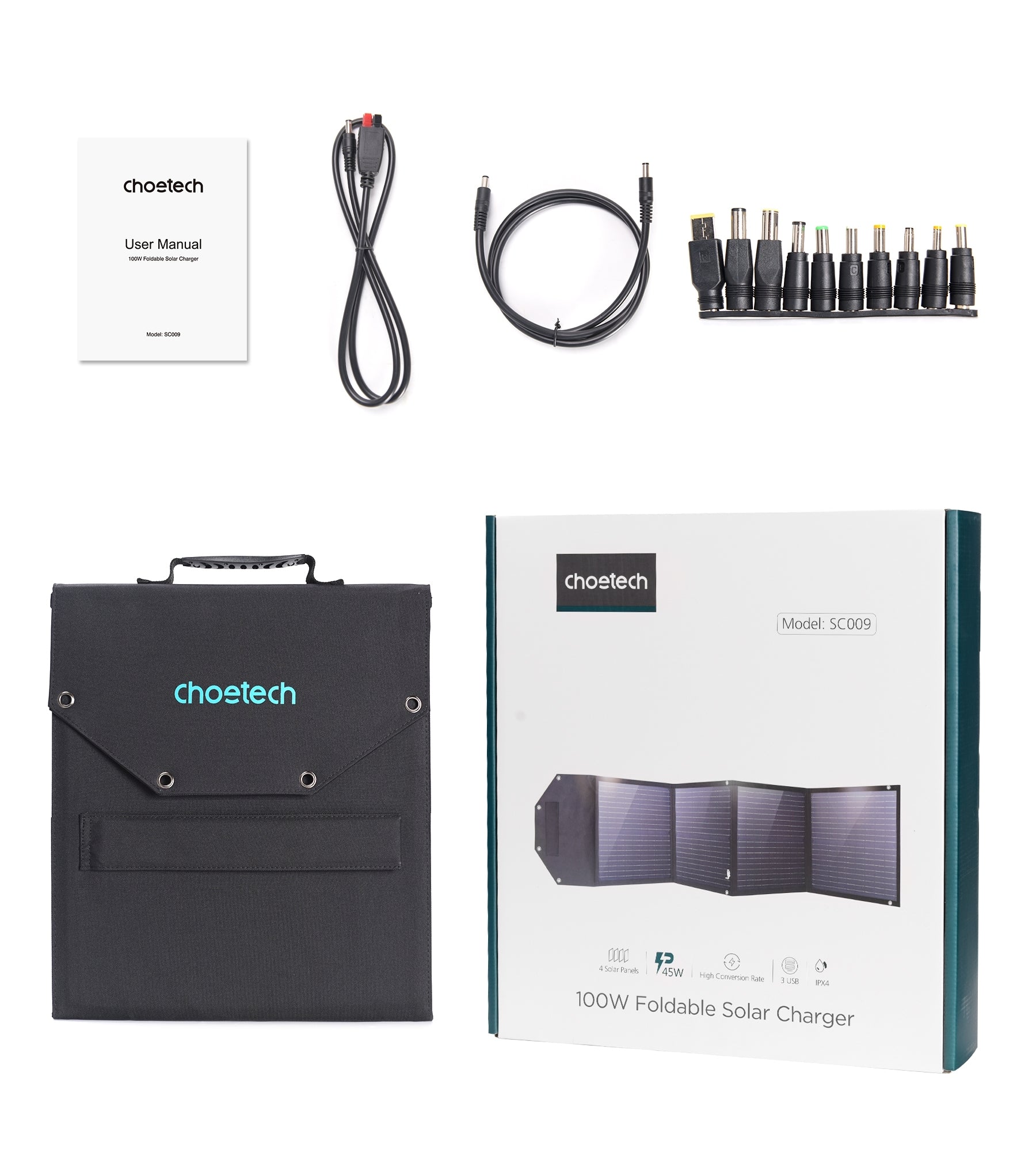 CHOETECH SC009 100W Foldable Solar Charger with multiple ports and solar panels, ideal for outdoor activities.