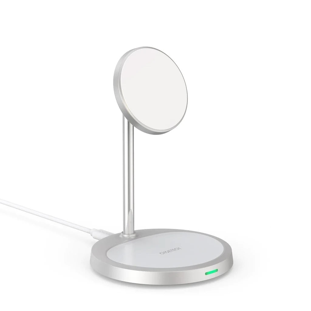 CHOETECH T581-F MagSafe iPhone Magnetic Wireless Charger Stand with iPhone and AirPods charging, showcasing its sleek design and functionality.