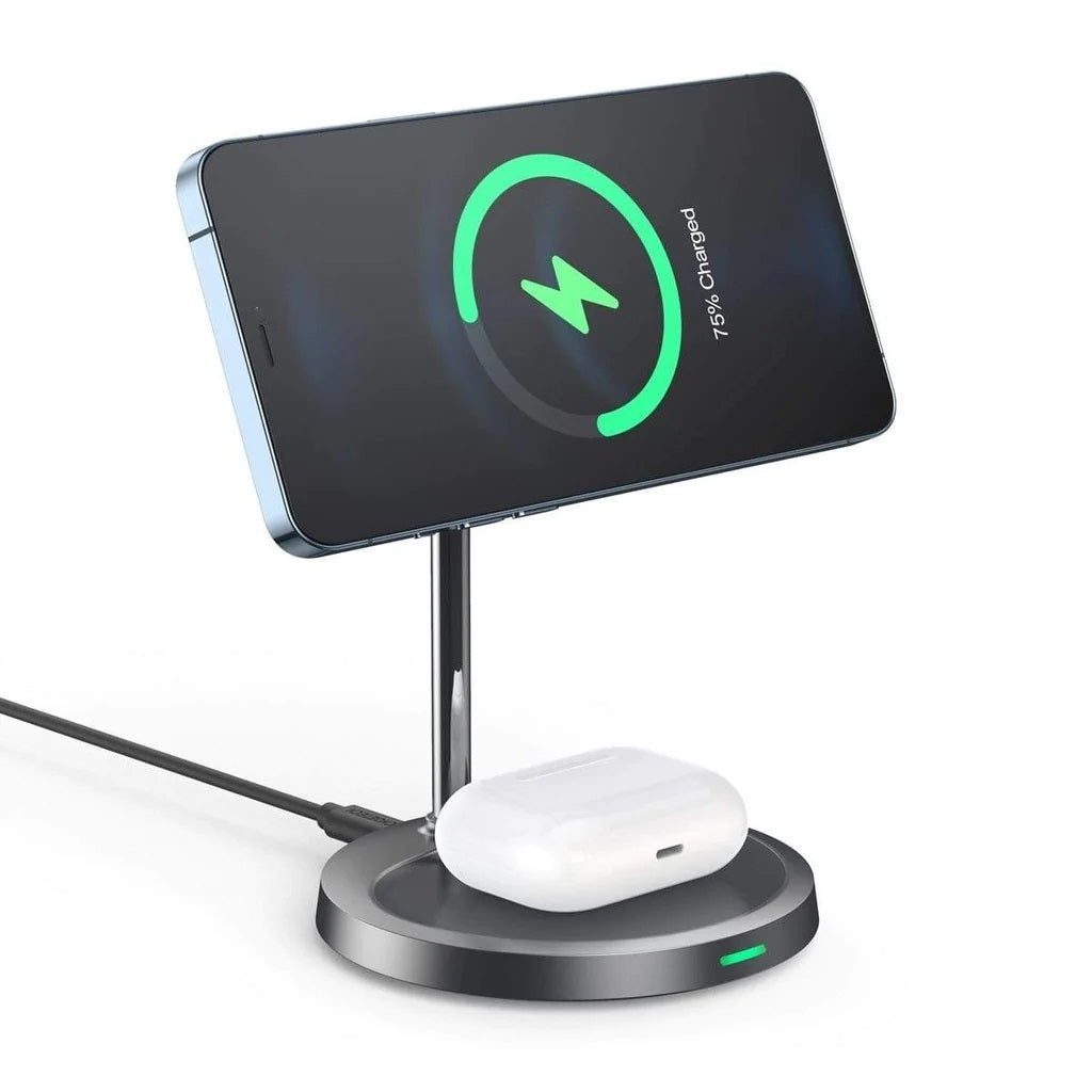 CHOETECH T581-F MagSafe iPhone Magnetic Wireless Charger Stand with iPhone and AirPods charging, showcasing its sleek design and functionality.