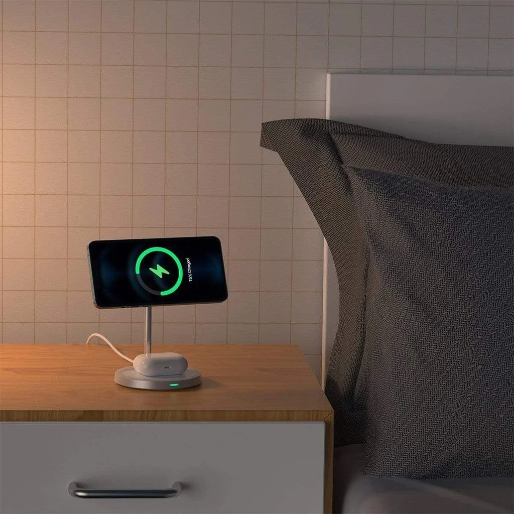 CHOETECH T581-F MagSafe iPhone Magnetic Wireless Charger Stand with iPhone and AirPods charging, showcasing its sleek design and functionality.