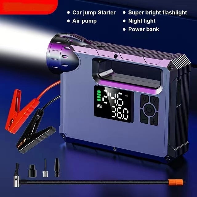 CHOETECH TC0017 4-in-1 car jump starter, power bank, air pump, and LED flashlight, showcasing its compact design and multiple functionalities.