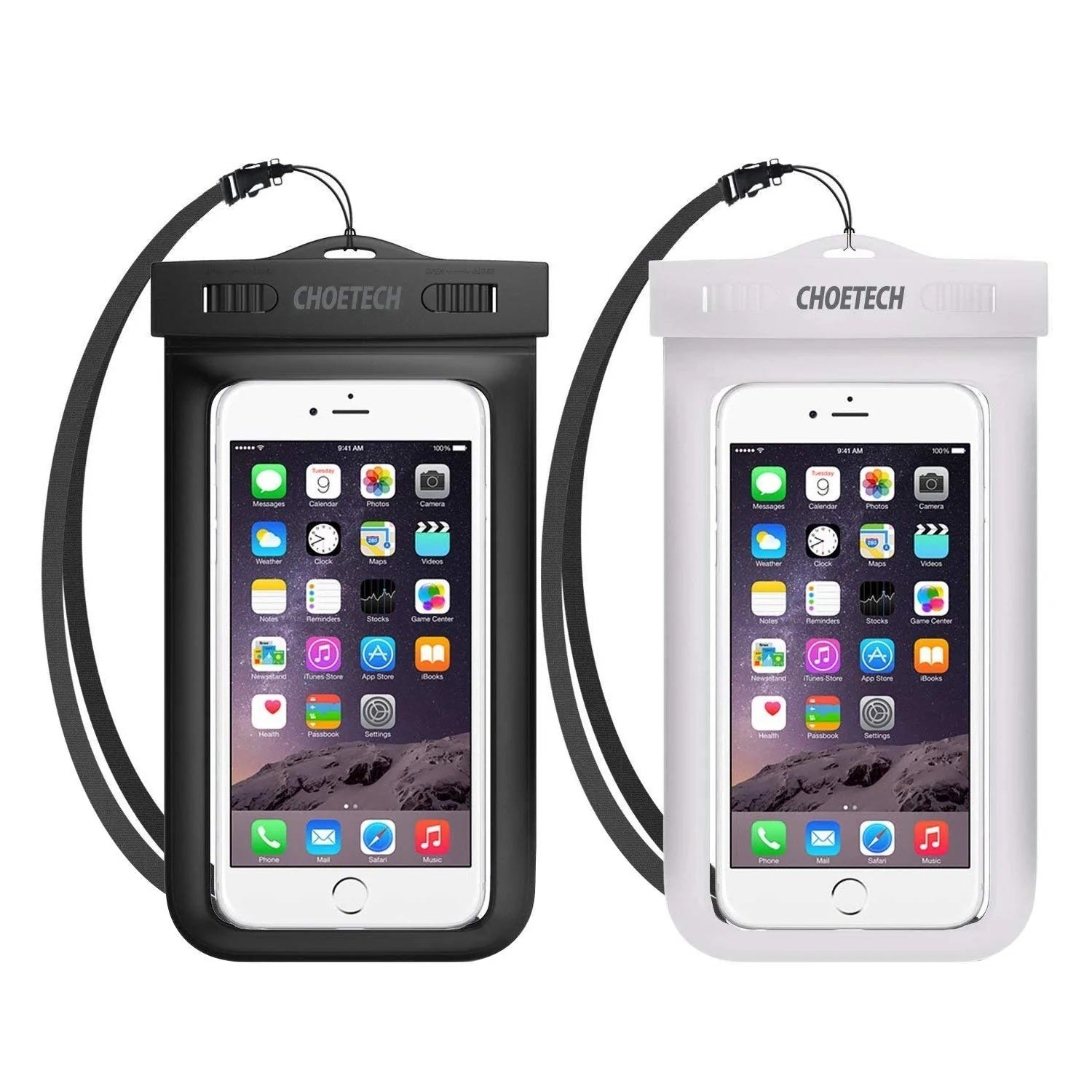 CHOETECH WPC007 Universal Waterproof Cell Phone Pouch, showcasing its lightweight PVC design and dual swivel lock for superior protection.