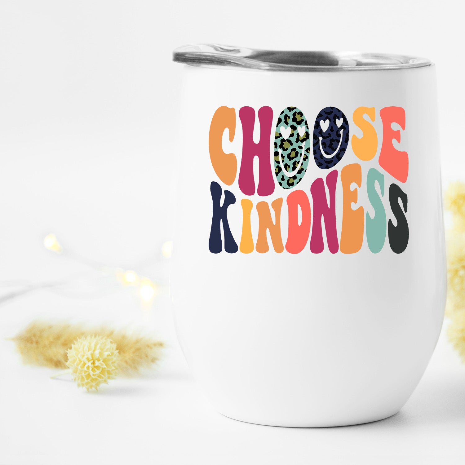 Choose Kindness Retro Smiley Wine Tumbler with a vibrant smiley face design, perfect for on-the-go sipping.