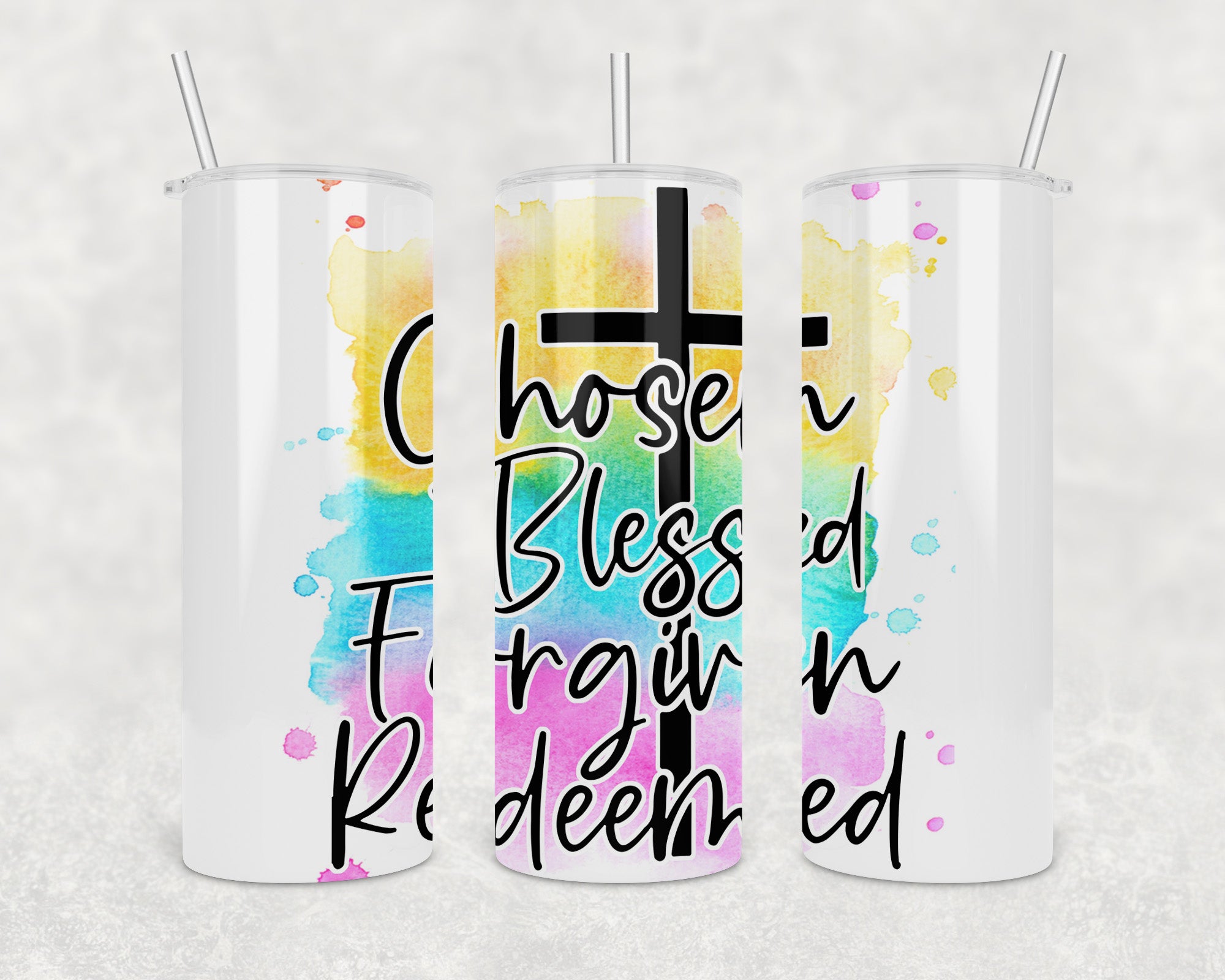 Chosen Blessed Forgiven Redeemed 20oz Skinny Tumbler with stainless steel finish and clear lid.