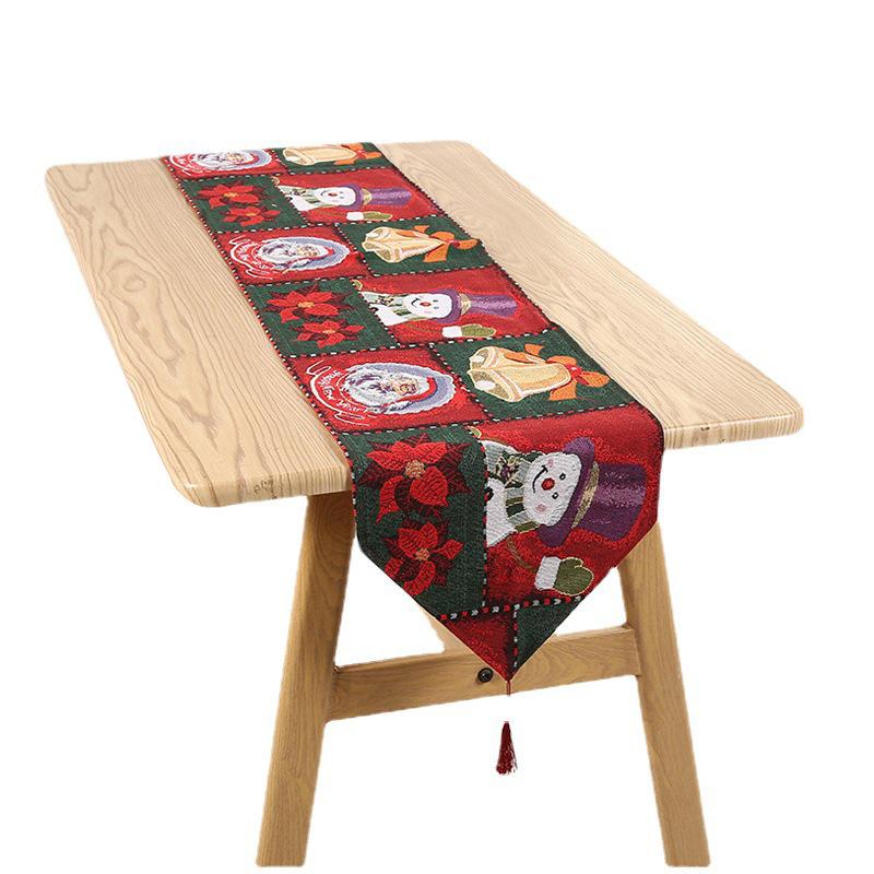 Christmas bell pattern table runner made of high-quality linen, featuring elegant design and hemmed edges for a festive table setting.