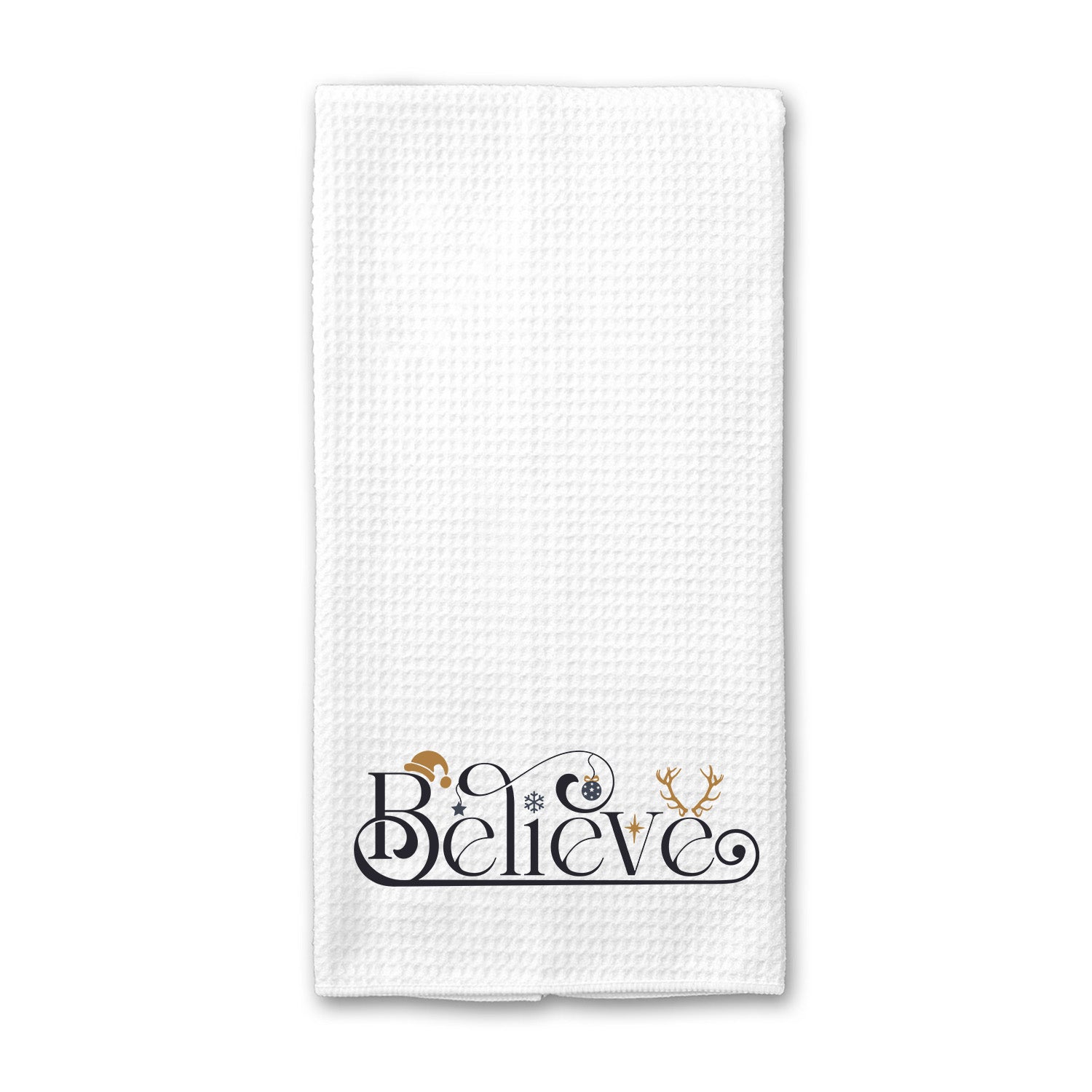 Christmas Believe Kitchen Towel featuring festive design, made of absorbent microfiber, perfect for holiday kitchen use.