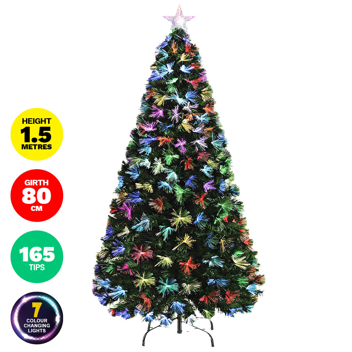 A beautifully lit 1.5m fibre optic Christmas tree with multicolour lights and a colour-changing star on top, set against a festive backdrop.