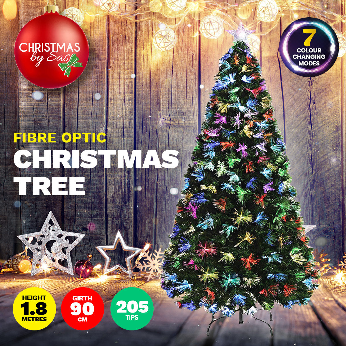 A 1.8m tall Fibre Optic Christmas Tree with multicolour lights and a colour-changing star, set on a sturdy metal stand.