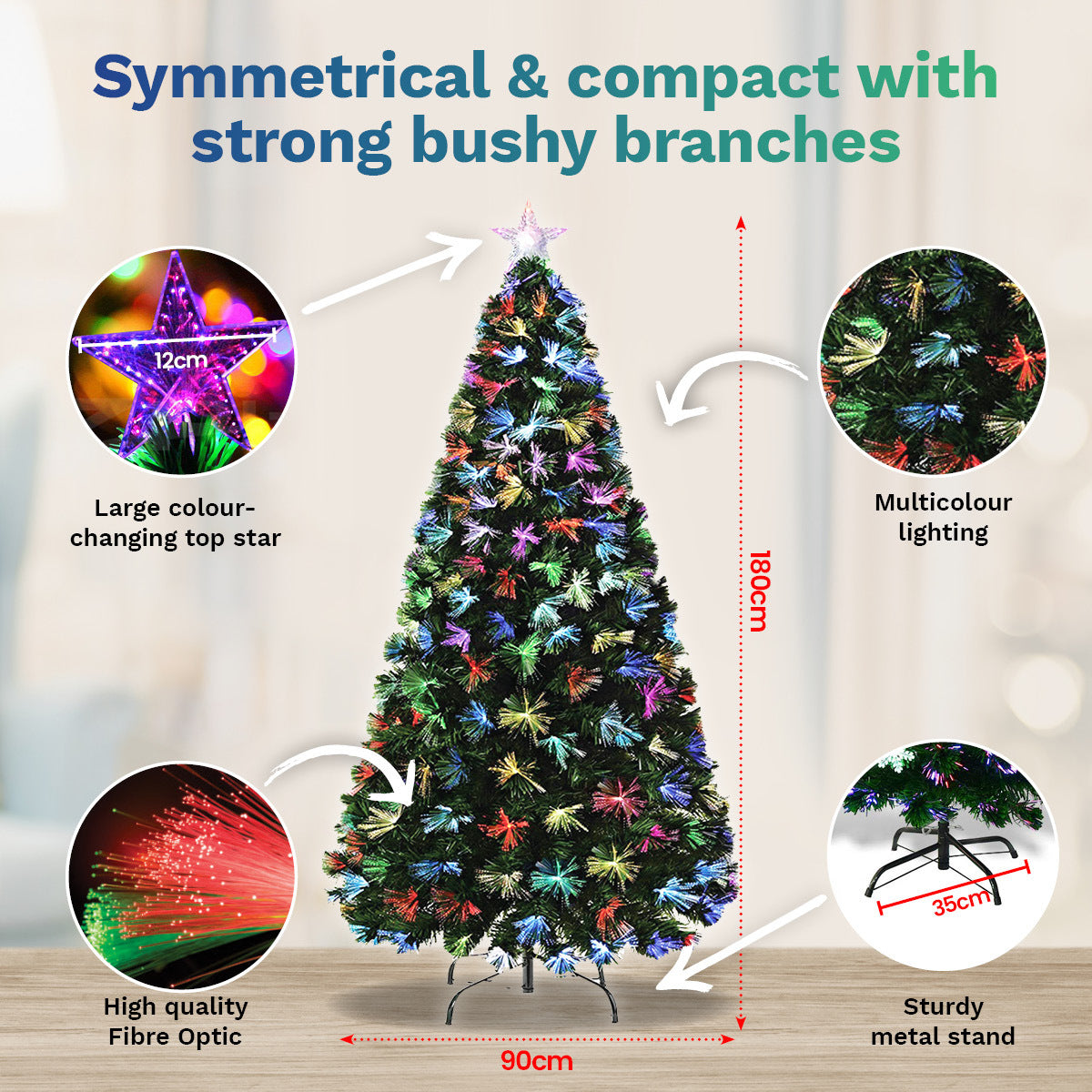 A 1.8m tall Fibre Optic Christmas Tree with multicolour lights and a colour-changing star, set on a sturdy metal stand.