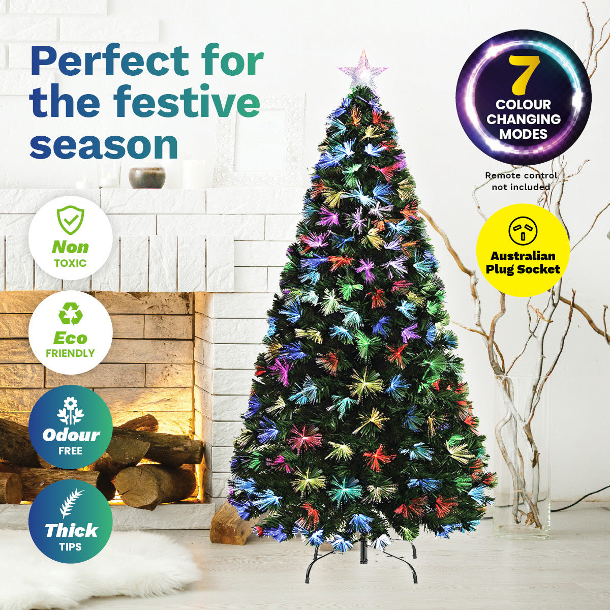 A 1.8m tall Fibre Optic Christmas Tree with multicolour lights and a colour-changing star, set on a sturdy metal stand.