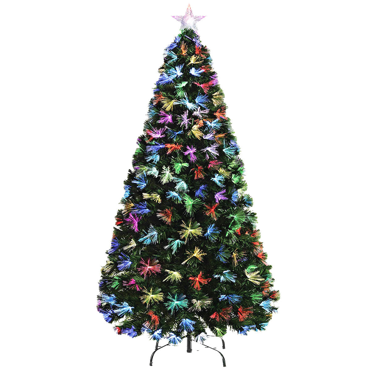 A 1.8m tall Fibre Optic Christmas Tree with multicolour lights and a colour-changing star, set on a sturdy metal stand.