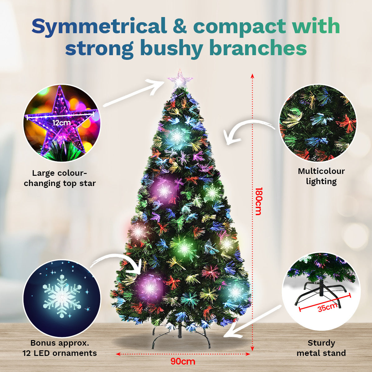 A beautifully lit 1.8m fibre optic Christmas tree with 210 tips, featuring a colour-changing star and snowflake ornaments, displayed in a festive setting.