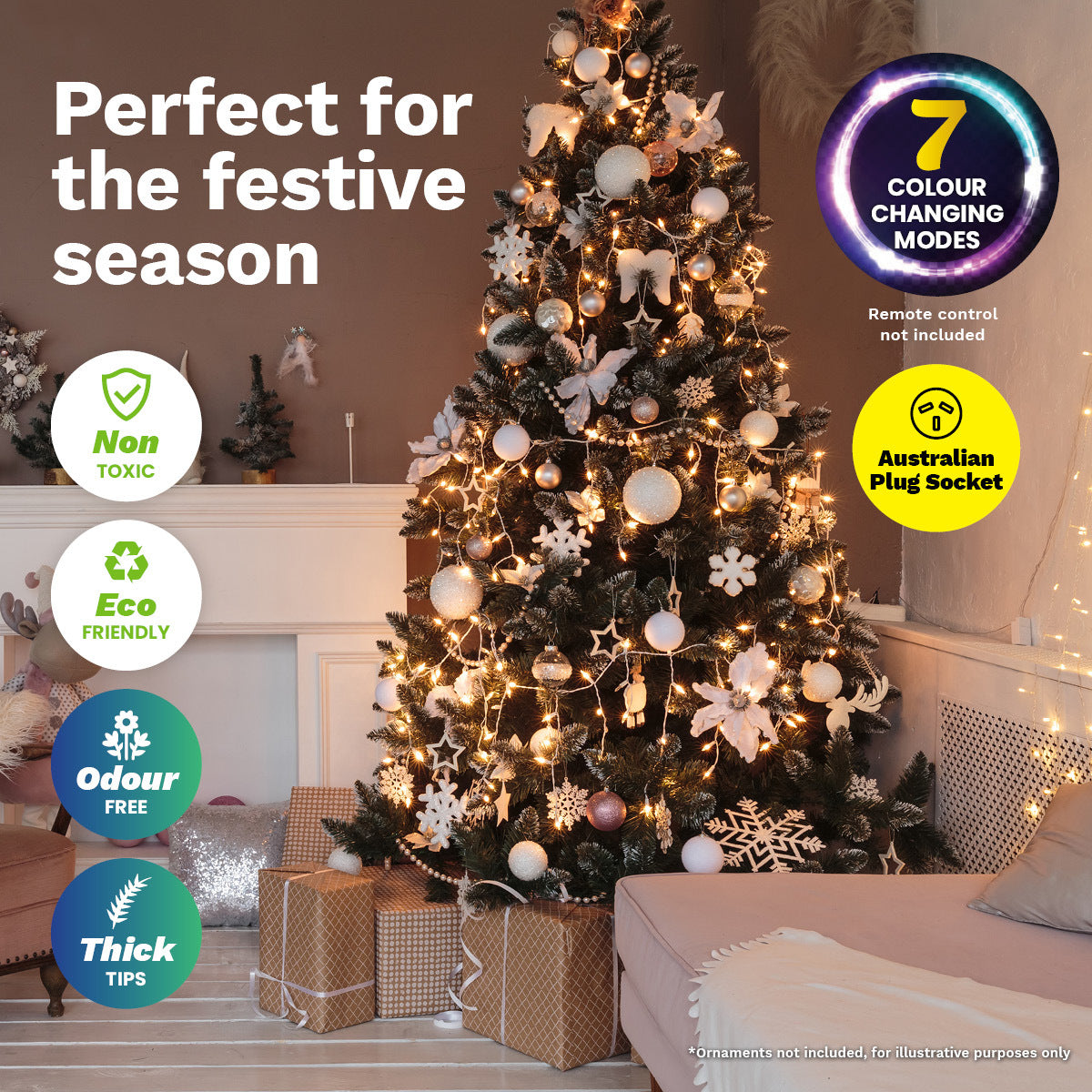 A beautifully lit 1.8m fibre optic Christmas tree with 210 tips, featuring a colour-changing star and snowflake ornaments, displayed in a festive setting.