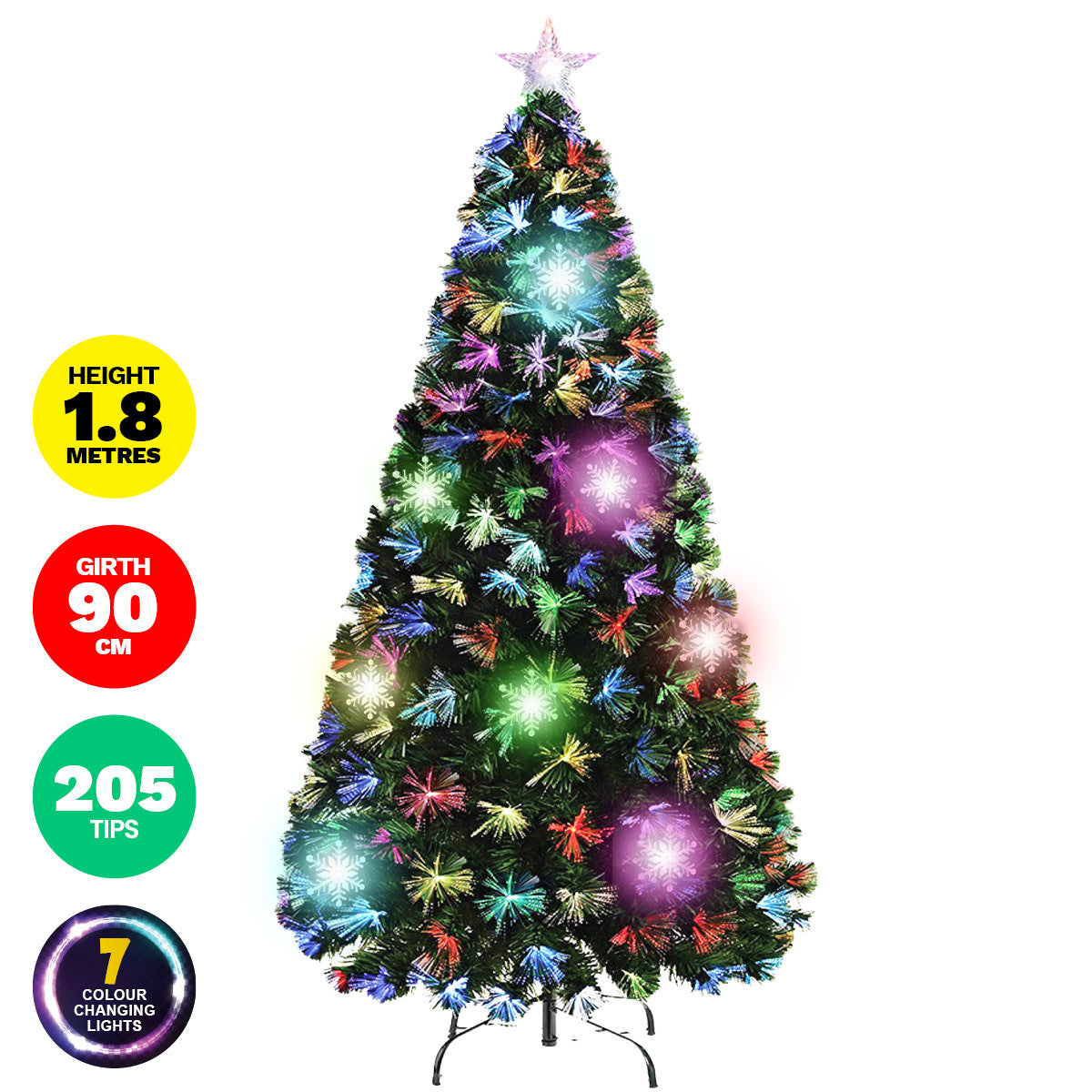 A beautifully lit 1.8m fibre optic Christmas tree with 210 tips, featuring a colour-changing star and snowflake ornaments, displayed in a festive setting.