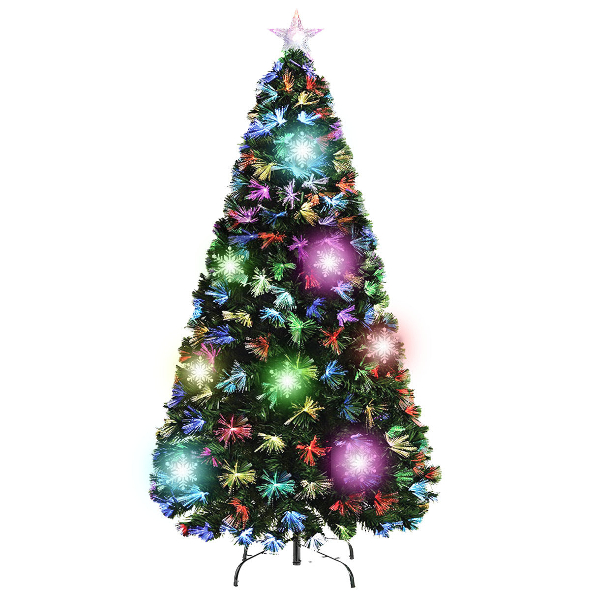 A beautifully lit 1.8m fibre optic Christmas tree with 210 tips, featuring a colour-changing star and snowflake ornaments, displayed in a festive setting.