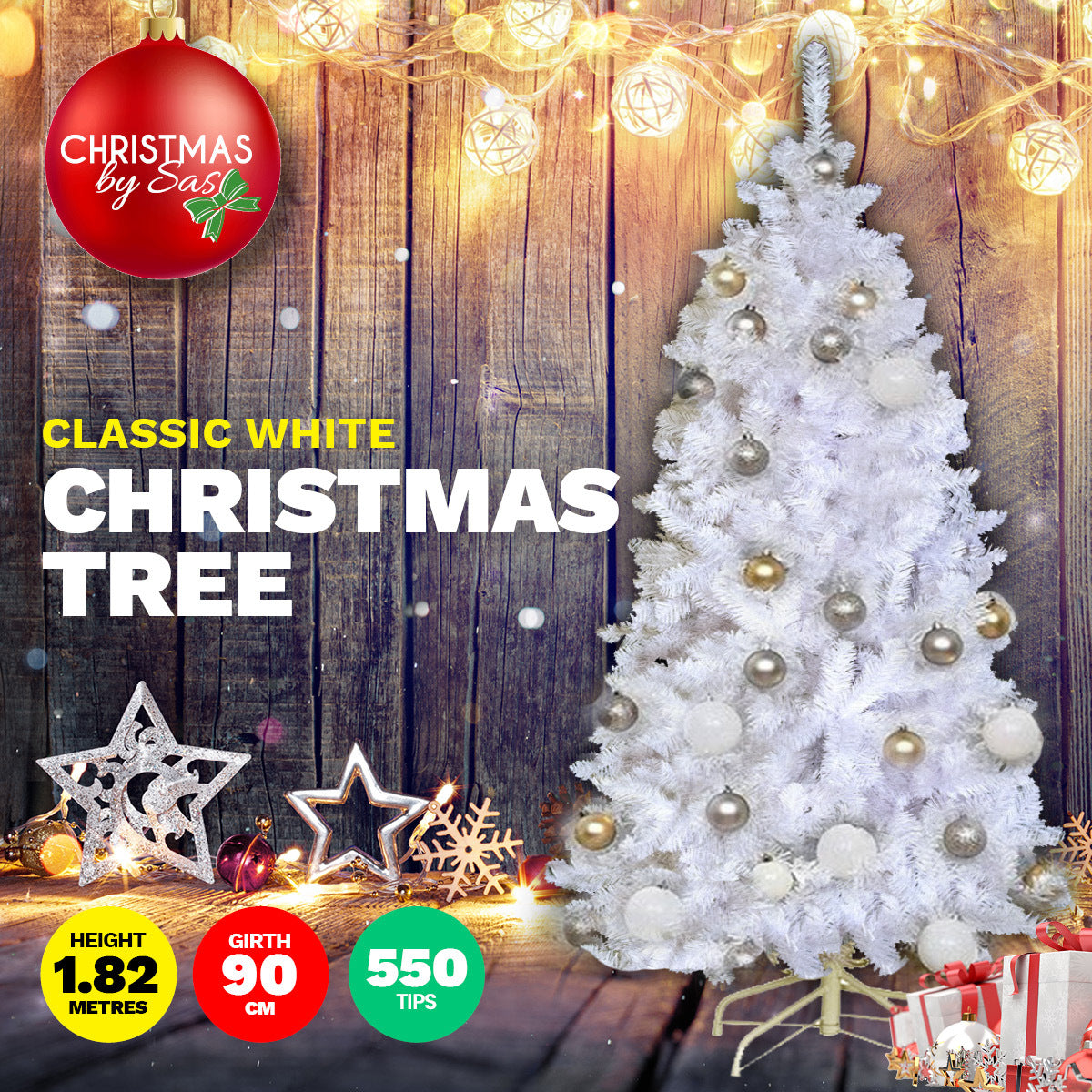 1.8m White Pine Christmas Tree with 550 tips, featuring a sturdy metal stand and realistic white foliage, perfect for festive decorations.