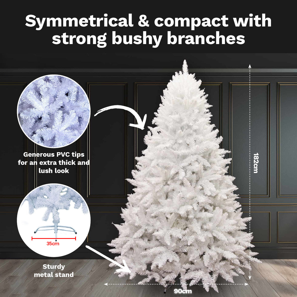 1.8m White Pine Christmas Tree with 550 tips, featuring a sturdy metal stand and realistic white foliage, perfect for festive decorations.