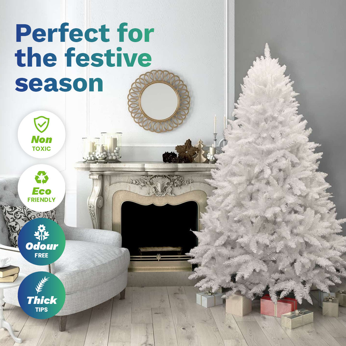 1.8m White Pine Christmas Tree with 550 tips, featuring a sturdy metal stand and realistic white foliage, perfect for festive decorations.