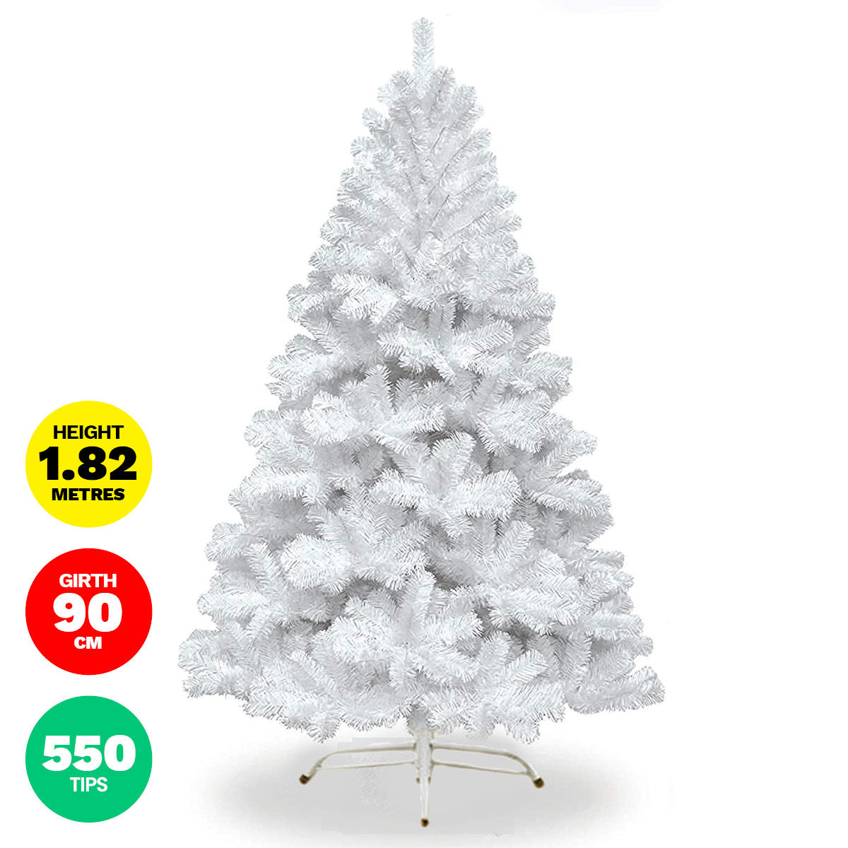 1.8m White Pine Christmas Tree with 550 tips, featuring a sturdy metal stand and realistic white foliage, perfect for festive decorations.