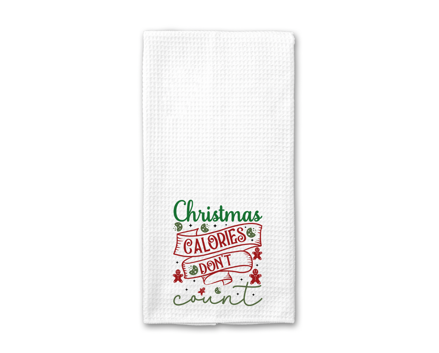 A festive kitchen towel featuring the phrase 'Christmas Calories Don't Count', made of absorbent microfiber, perfect for holiday cooking.