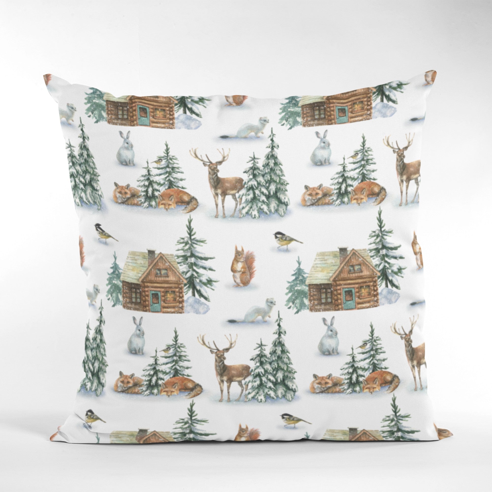 Christmas Decor Throw Pillow featuring a grid house in nature, with a vibrant digital print on one side and a light cream back.