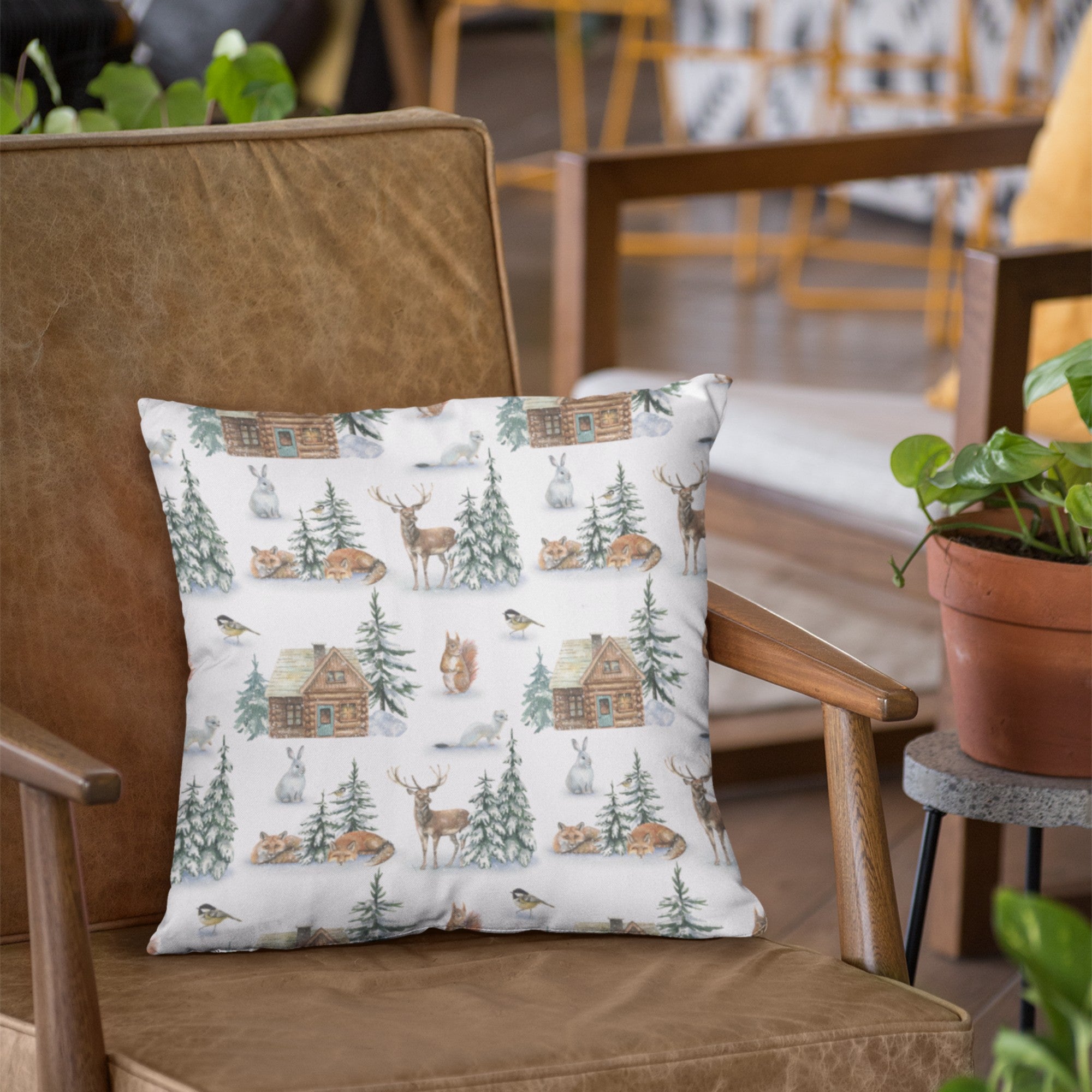 Christmas Decor Throw Pillow featuring a grid house in nature, with a vibrant digital print on one side and a light cream back.