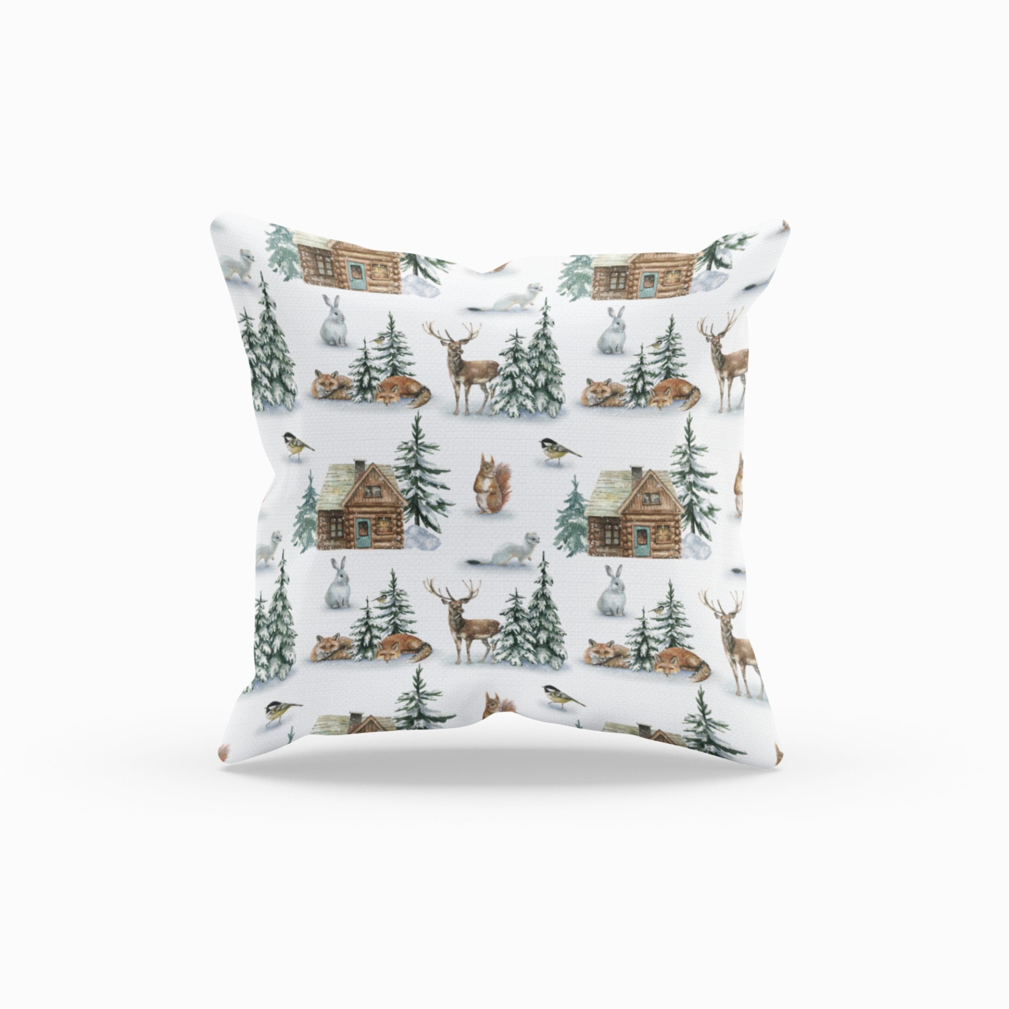 Christmas Decor Throw Pillow featuring a grid house in nature, with a vibrant digital print on one side and a light cream back.