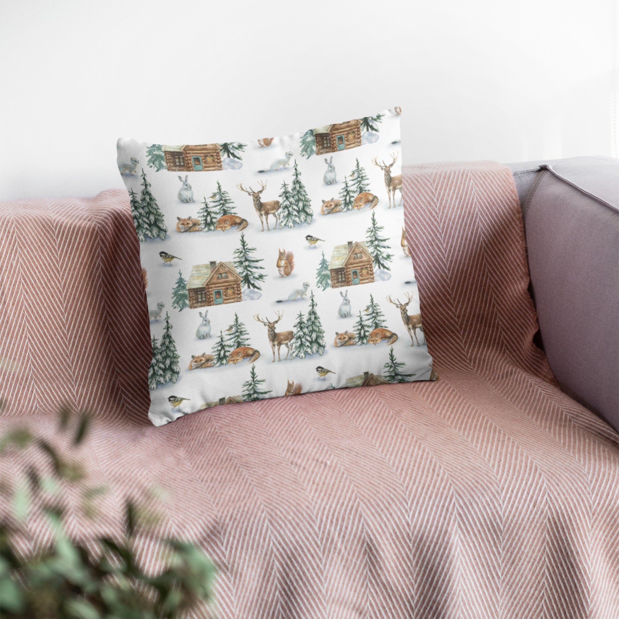 Christmas Decor Throw Pillow featuring a grid house in nature, with a vibrant digital print on one side and a light cream back.