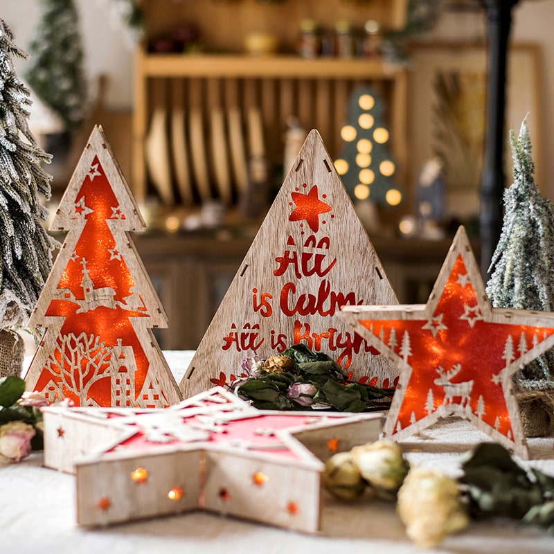 Red Christmas Decorative Light Box in various shapes including tree, star, and square, showcasing intricate designs and LED lighting.