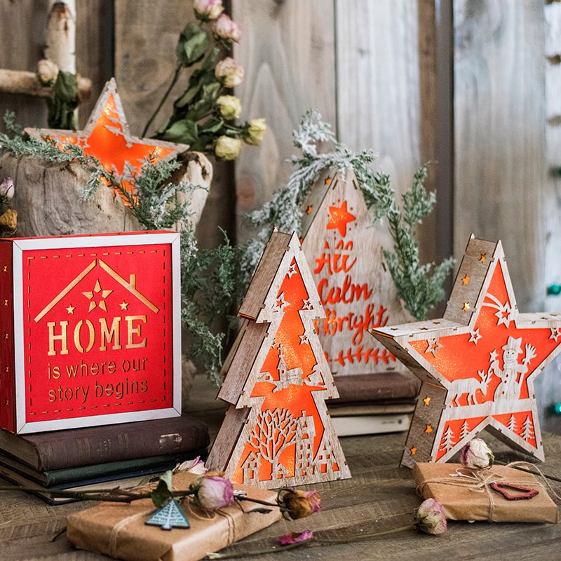 Red Christmas Decorative Light Box in various shapes including tree, star, and square, showcasing intricate designs and LED lighting.