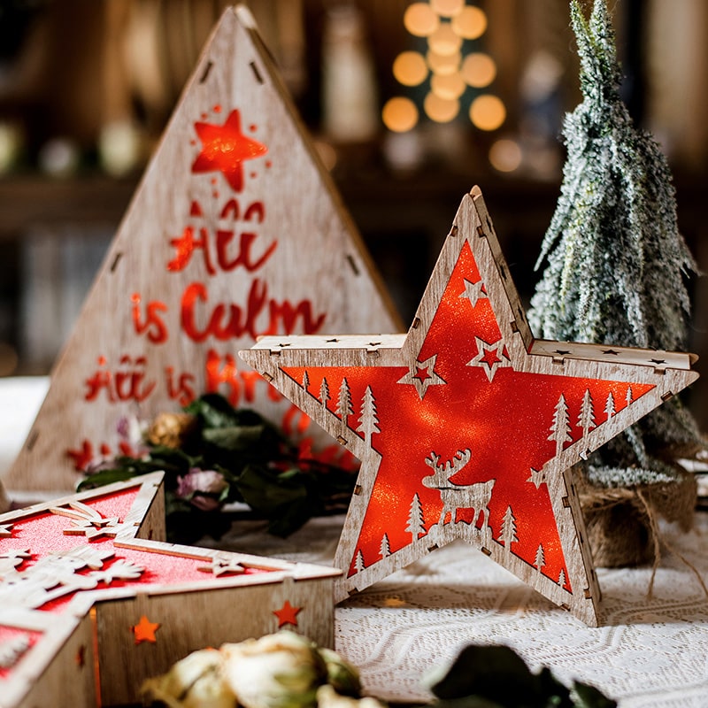 Red Christmas Decorative Light Box in various shapes including tree, star, and square, showcasing intricate designs and LED lighting.