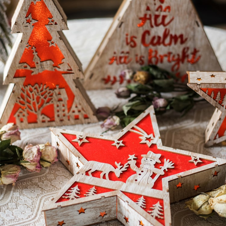 Red Christmas Decorative Light Box in various shapes including tree, star, and square, showcasing intricate designs and LED lighting.