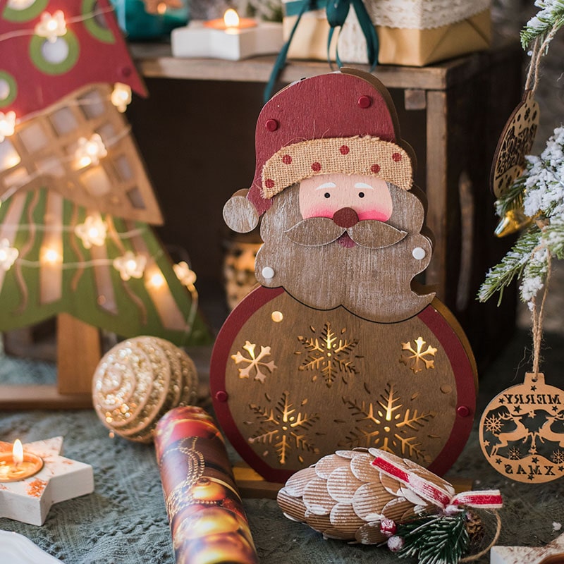 Christmas Decorative Wooden Light Box featuring Santa, snowman, and tree designs with LED lighting, perfect for holiday decor.