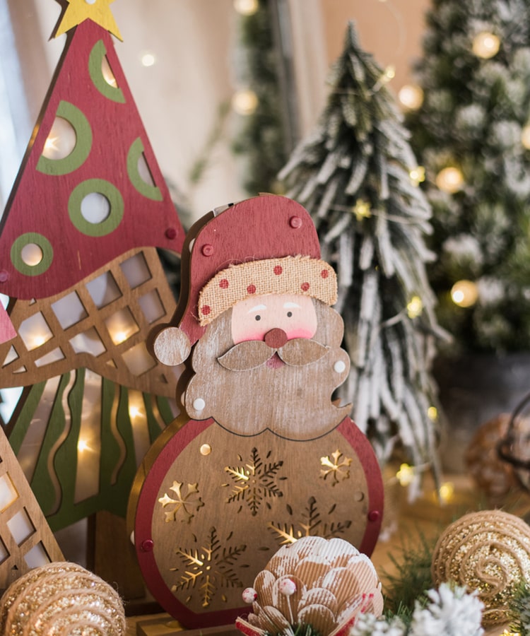 Christmas Decorative Wooden Light Box featuring Santa, snowman, and tree designs with LED lighting, perfect for holiday decor.