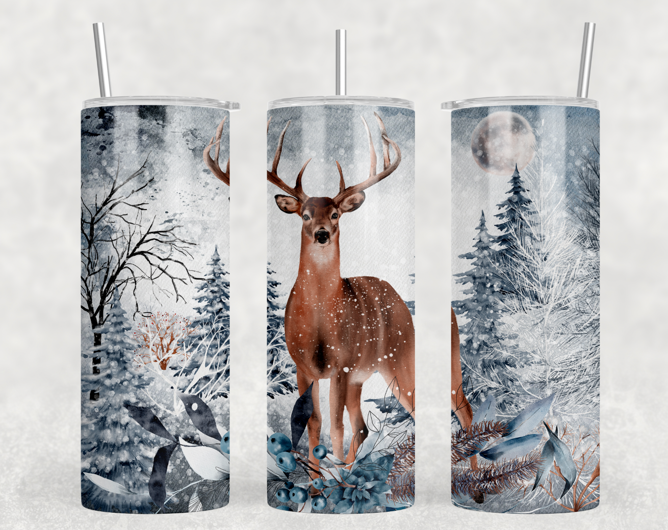 A festive Christmas Deer 20oz skinny tumbler with a stainless steel straw and clear lid, featuring a holiday-themed design.