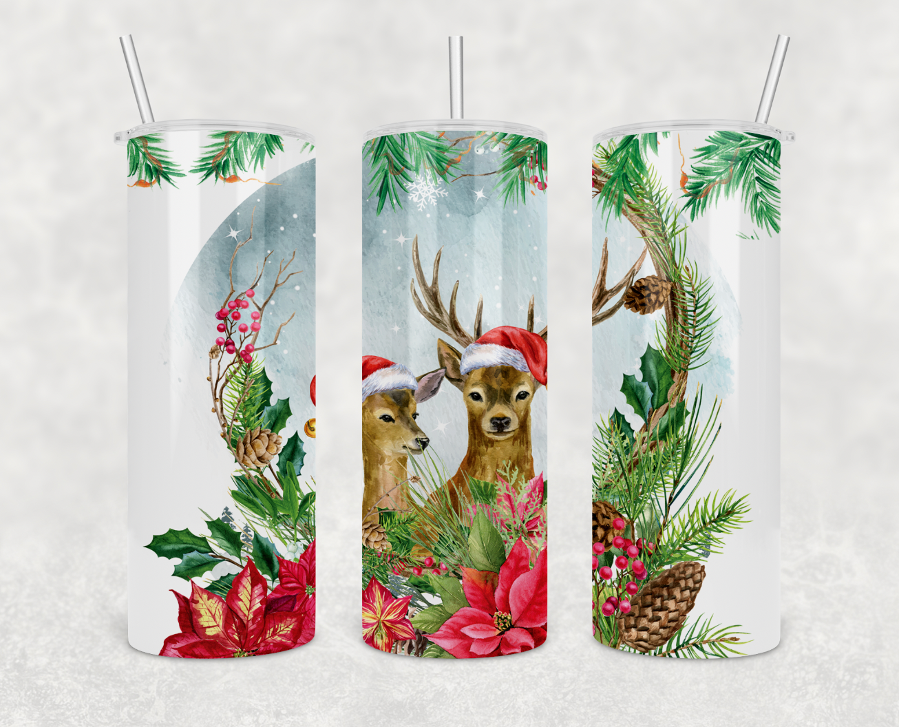 Christmas Deer 20oz Skinny Tumbler with a festive design, featuring a stainless steel body and a clear sliding lid.