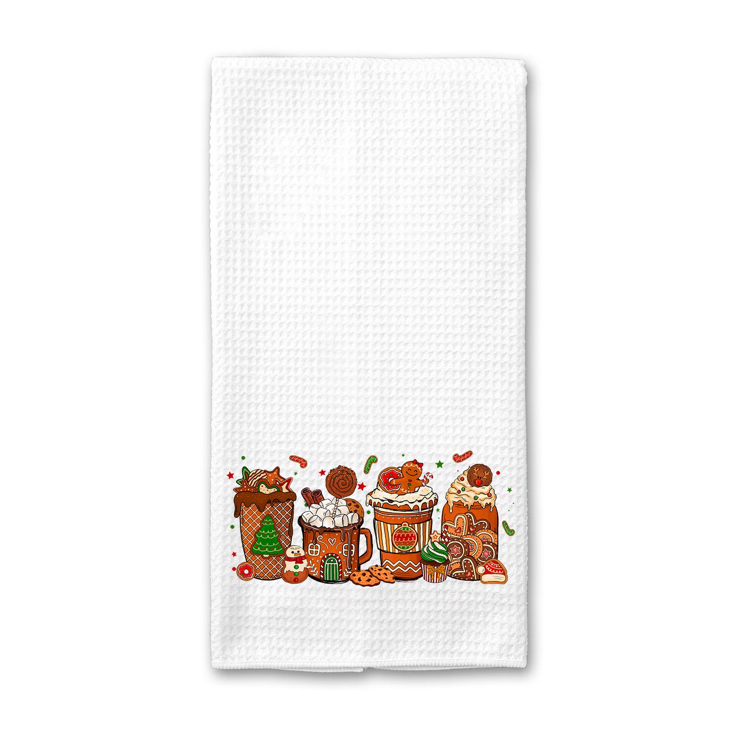 A festive Christmas Drinks Kitchen Towel featuring vibrant holiday-themed designs, made from absorbent microfiber material, ideal for kitchen use.