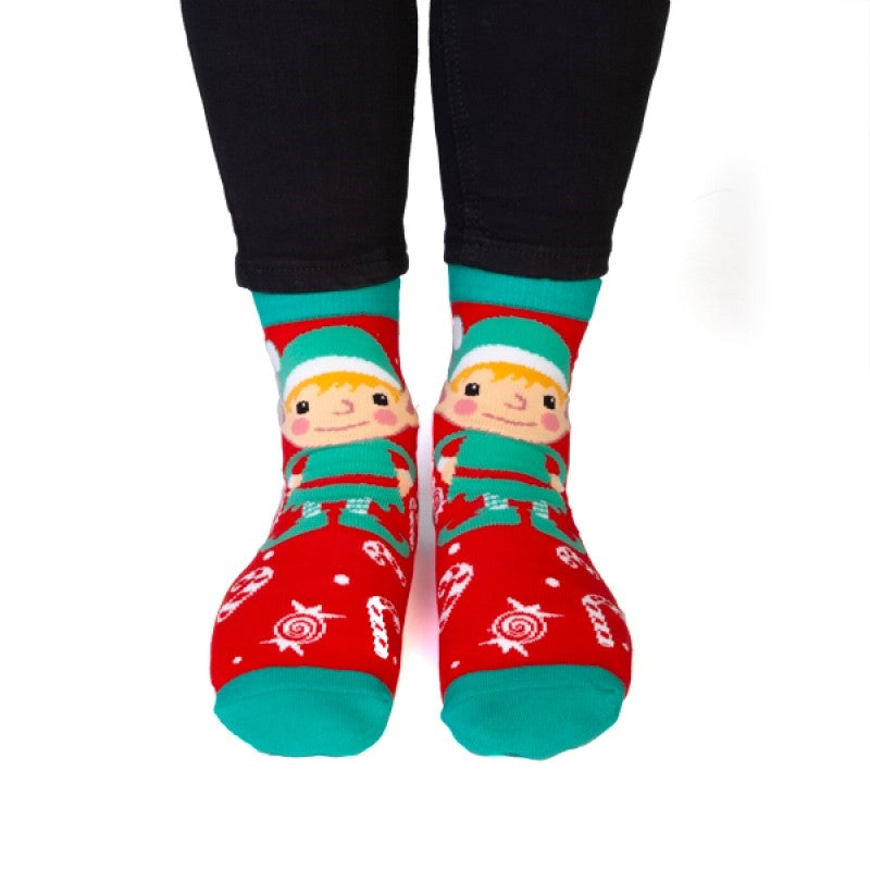 Christmas Elf Feet Speak Socks featuring a cute elf and colorful candies in vibrant red and green colors.