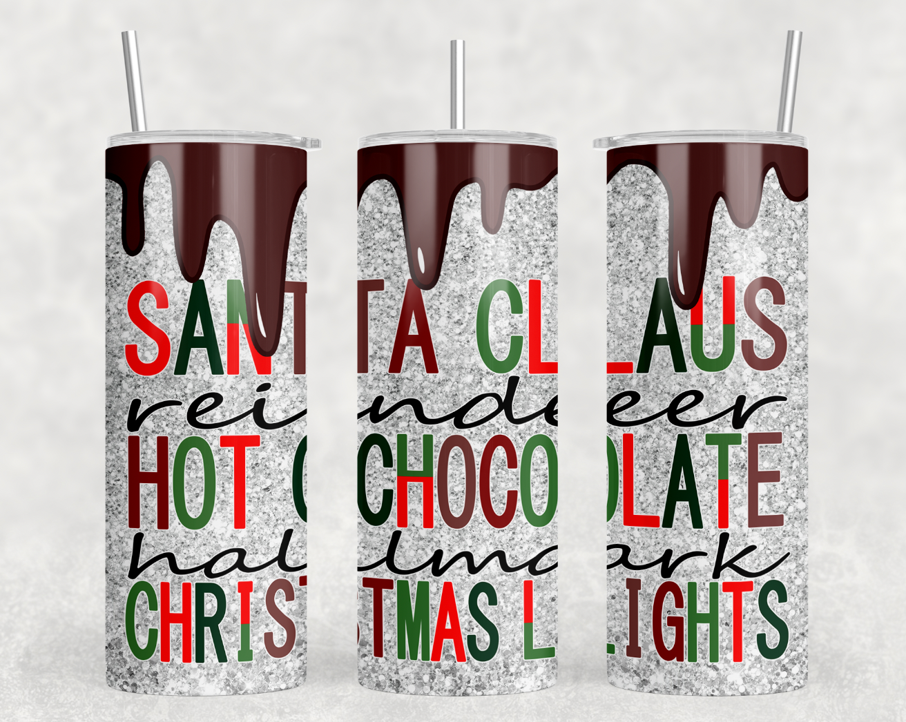 A festive 20oz skinny tumbler with a Christmas design, featuring a clear lid and stainless steel straw, perfect for hot and cold beverages.