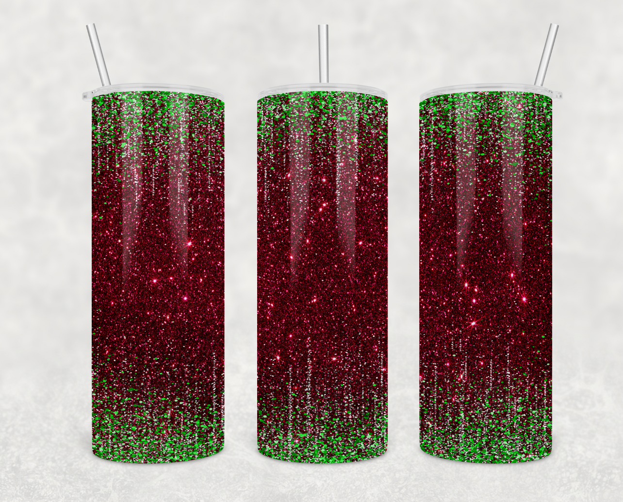 Christmas Glitter 20oz Skinny Tumbler with a festive design, stainless steel straw, and clear sliding lid.