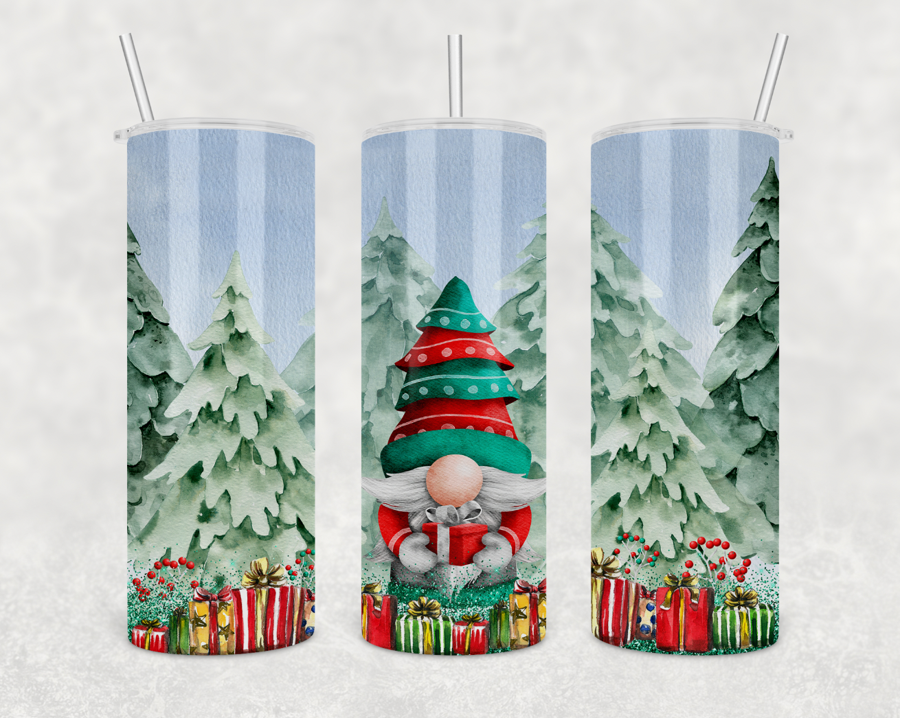 A festive Christmas Gnome 20oz skinny tumbler with a stainless steel finish and a sliding lid, perfect for hot and cold beverages.