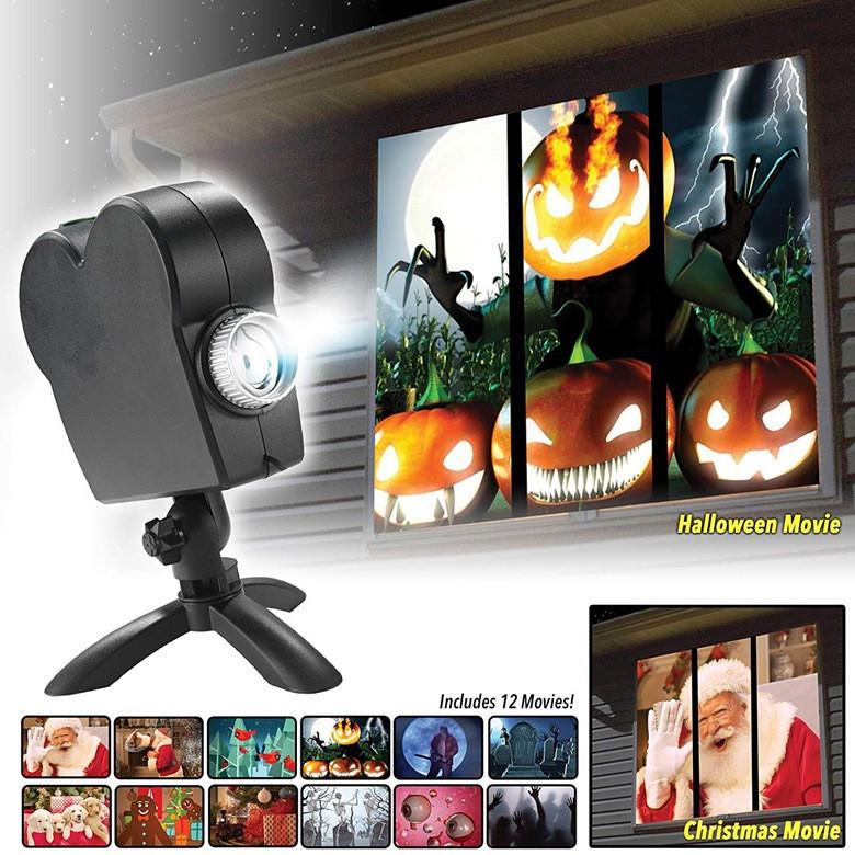 Christmas Halloween Laser Projector displaying colorful festive movies on a window, perfect for holiday decorations.