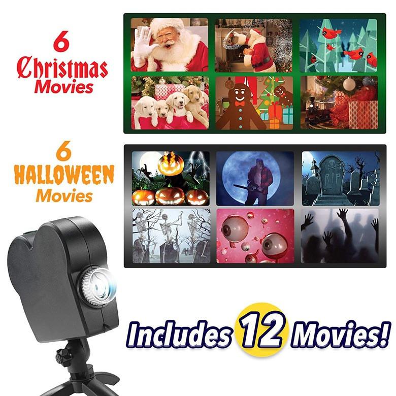 Christmas Halloween Laser Projector displaying colorful festive movies on a window, perfect for holiday decorations.