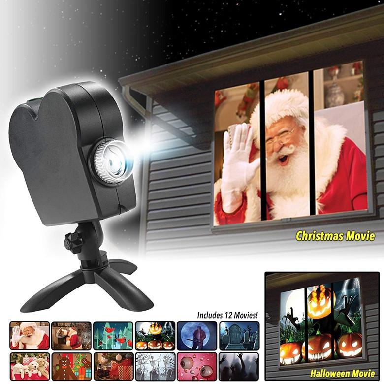 Christmas Halloween Laser Projector displaying colorful festive movies on a window, perfect for holiday decorations.