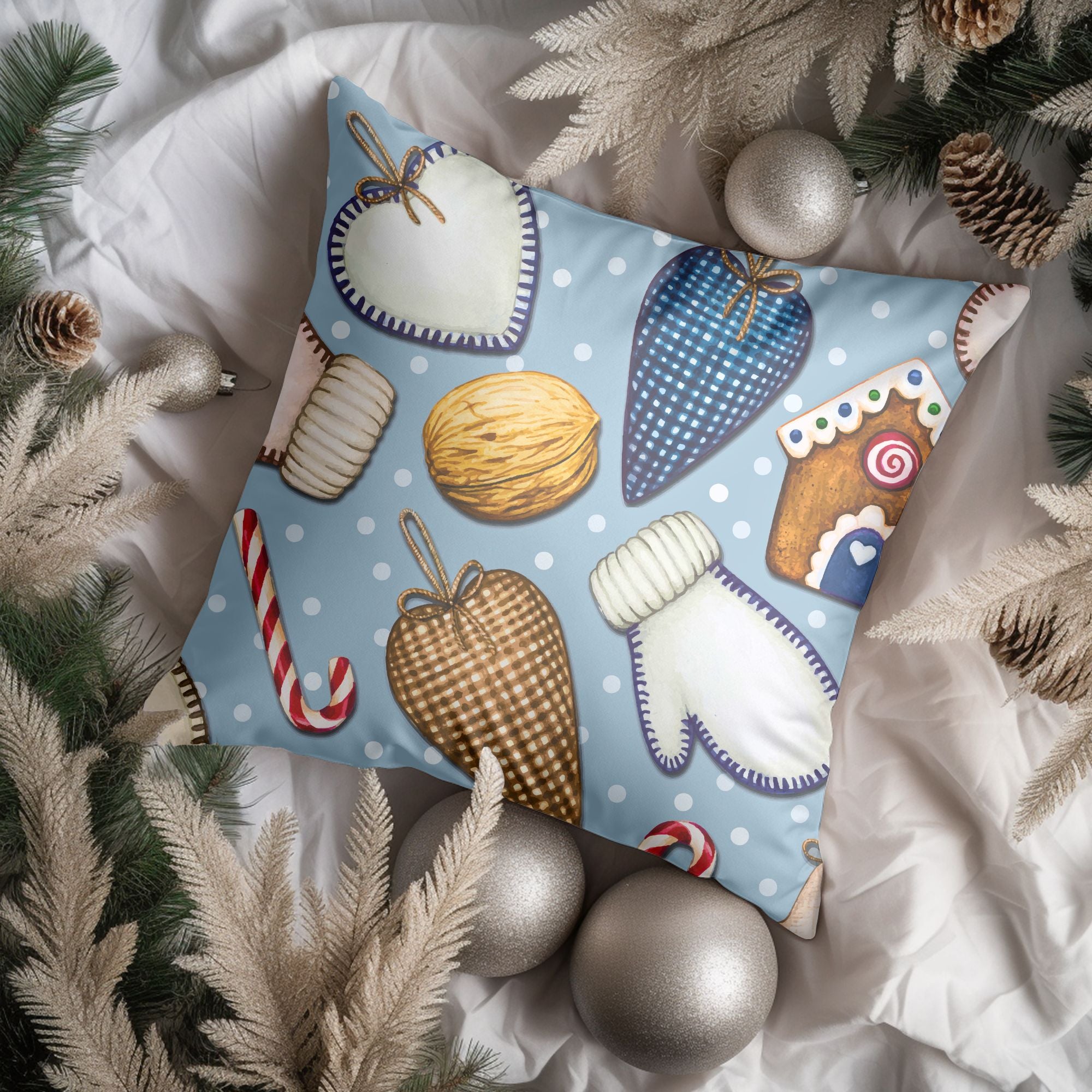 Christmas Ornament Pattern Throw Pillow featuring vibrant festive designs on one side and light cream back, ideal for holiday decor.