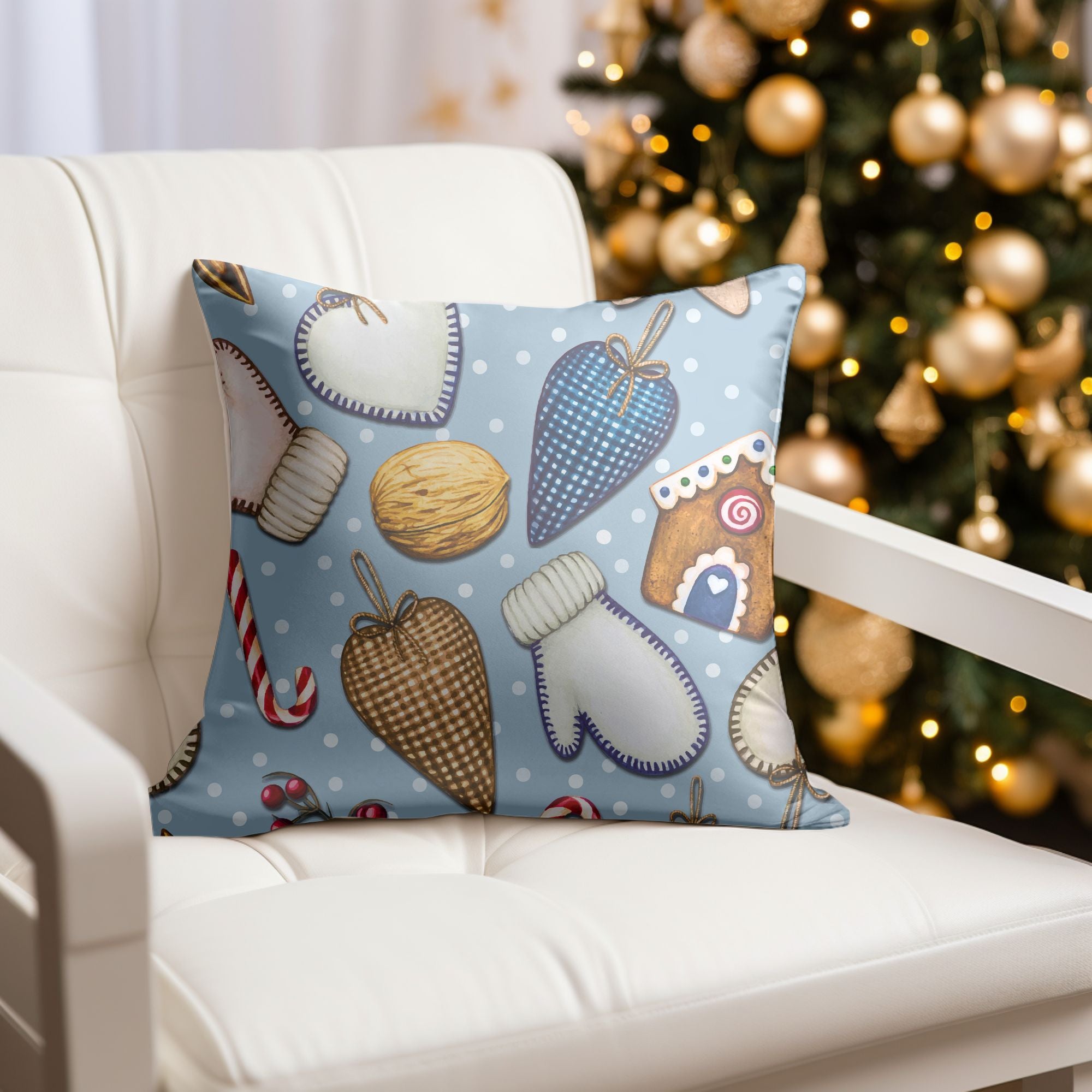 Christmas Ornament Pattern Throw Pillow featuring vibrant festive designs on one side and light cream back, ideal for holiday decor.