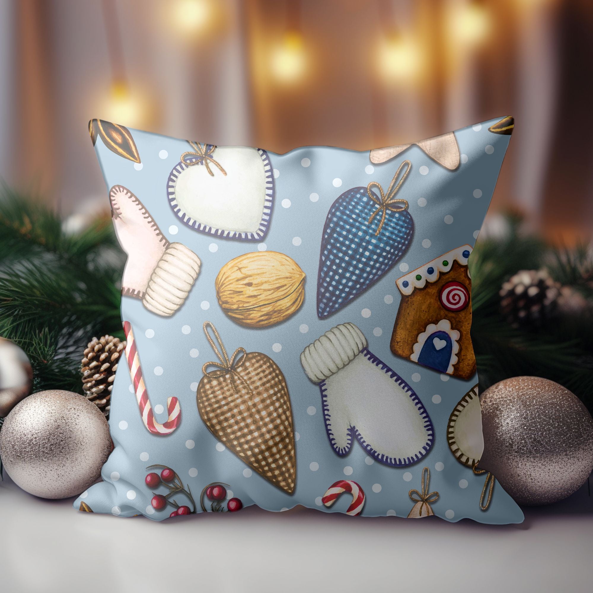 Christmas Ornament Pattern Throw Pillow featuring vibrant festive designs on one side and light cream back, ideal for holiday decor.