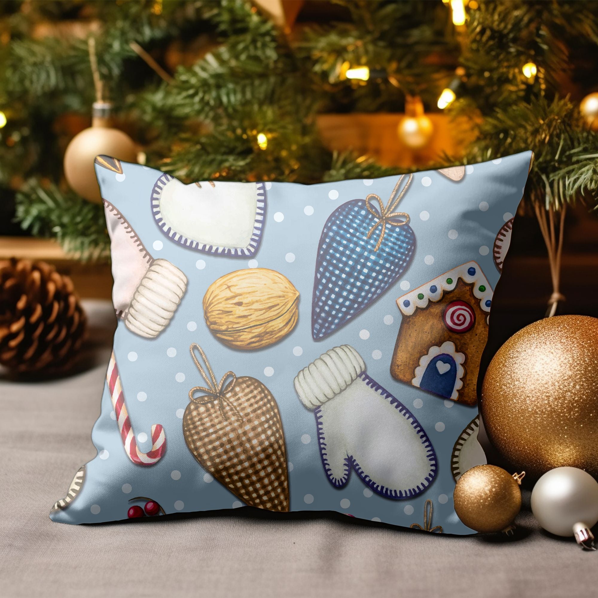 Christmas Ornament Pattern Throw Pillow featuring vibrant festive designs on one side and light cream back, ideal for holiday decor.