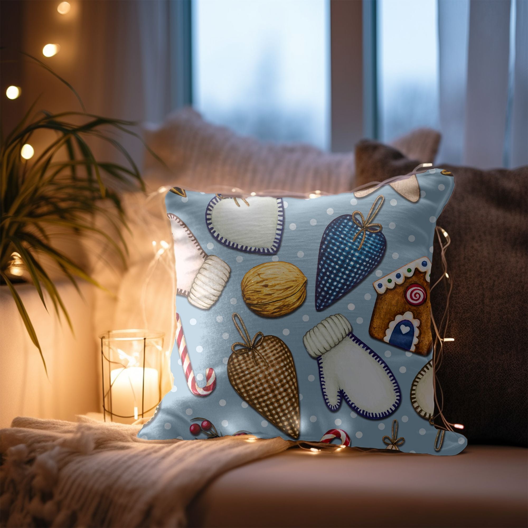 Christmas Ornament Pattern Throw Pillow featuring vibrant festive designs on one side and light cream back, ideal for holiday decor.