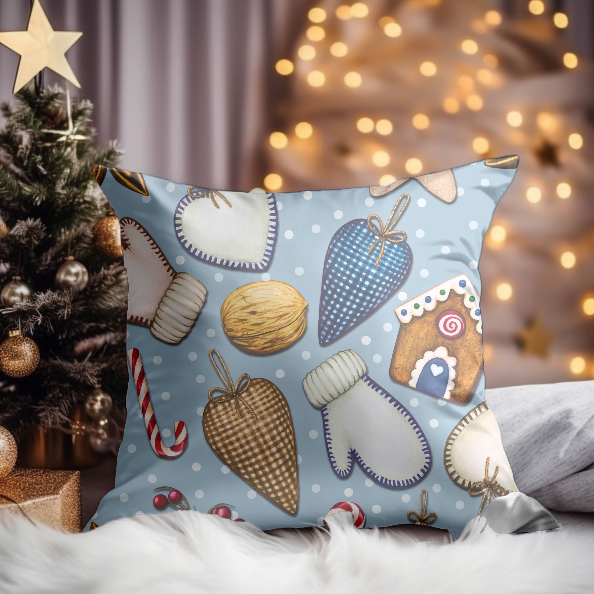 Christmas Ornament Pattern Throw Pillow featuring vibrant festive designs on one side and light cream back, ideal for holiday decor.